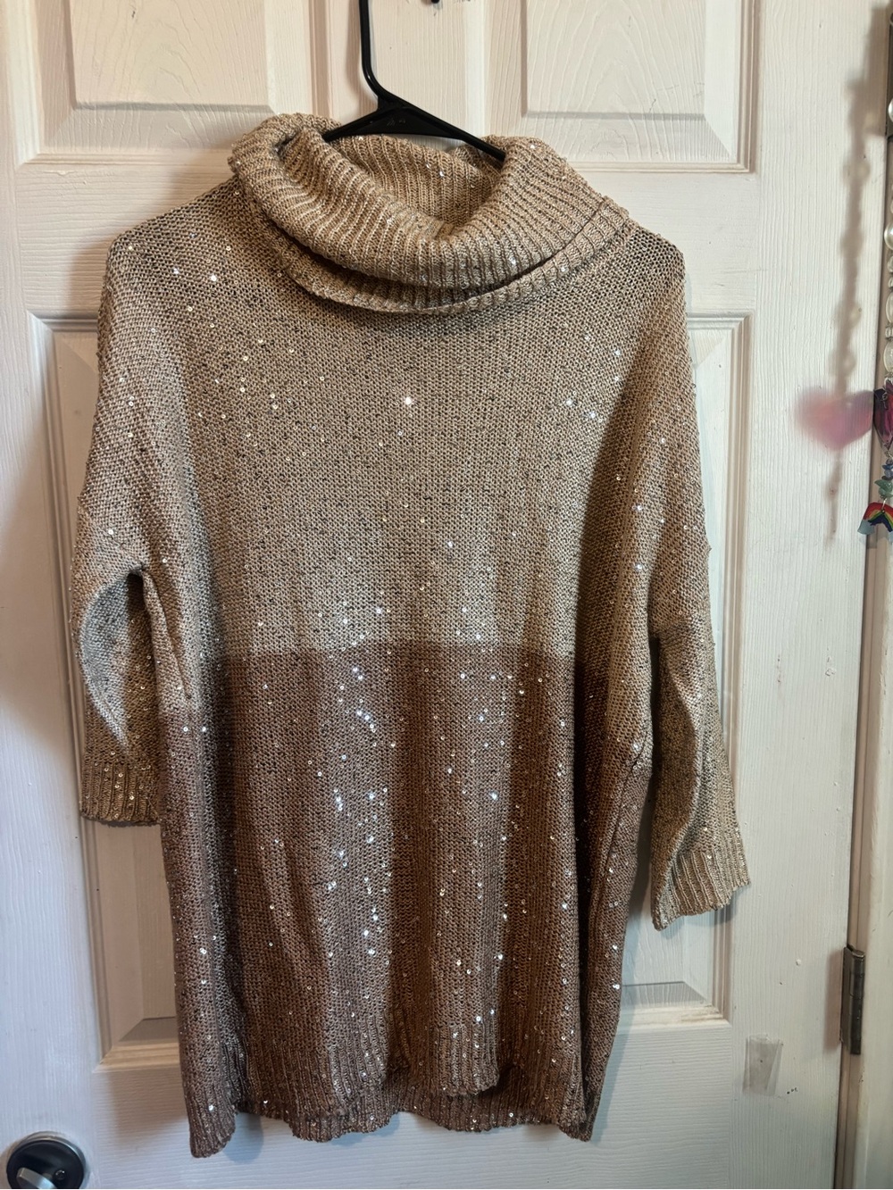Belldini Two-Tone Sequin Turtleneck Sweater - Beige Brown